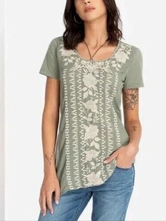 Johnny Was Tops - Johnny Was Letty Green Embroidered Women's Top Tunic Blouse Boho Design Medium